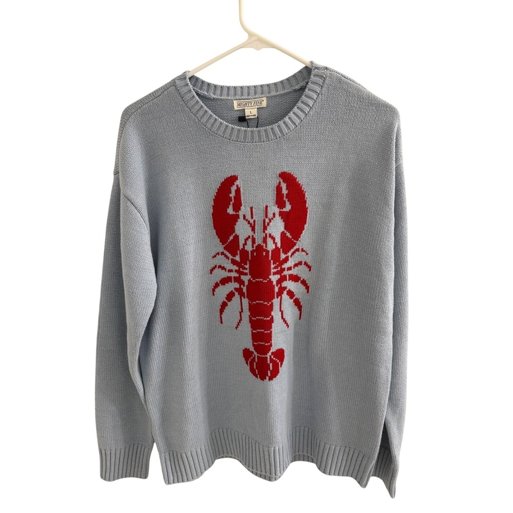 Mighty Fine Women Blue Red Lobster Graphic Knit Crewneck Sweater Large NWT